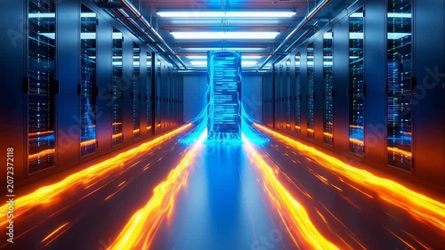 Server room corridor with glowing lines