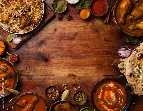 Delicious Indian and South Asian food spread on a wooden table. A variety of curries, biryani, and naan bread, inviting a rich culinary experience