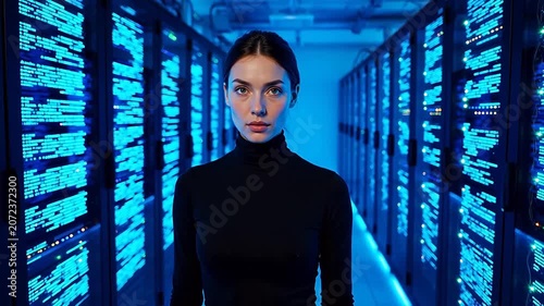 Woman in server room with glowing code