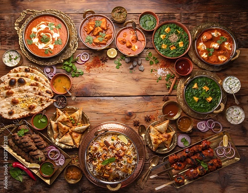 A sumptuous array of traditional Indian dishes and appetizers beautifully presented on a rustic wooden table, offering a vibrant culinary feast