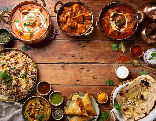 A vibrant overhead view of a rustic wooden table laden with delicious Indian cuisine, showcasing a variety of aromatic dishes and accompaniments