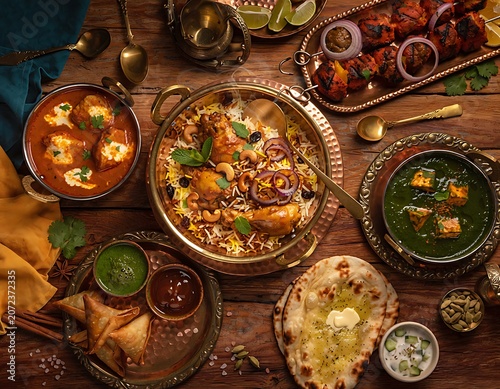 An authentic Indian culinary feast spread, featuring aromatic biryani, naan, samosas, and paneer dishes, meticulously arranged on a rustic wooden table