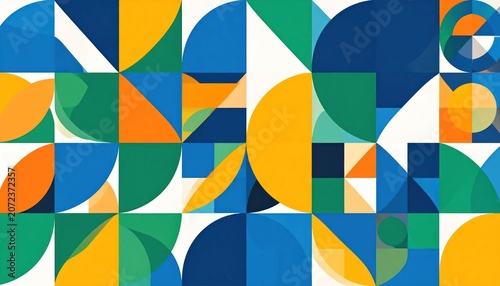Abstract geometric pattern with colorful semi-circle and square shapes.