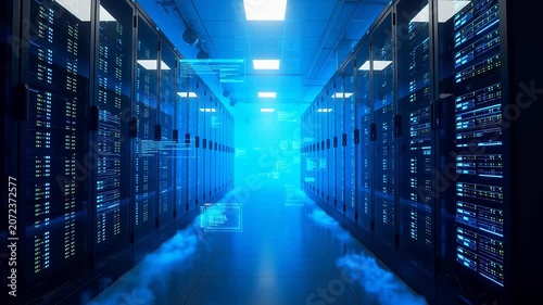 Server room with blue lighting