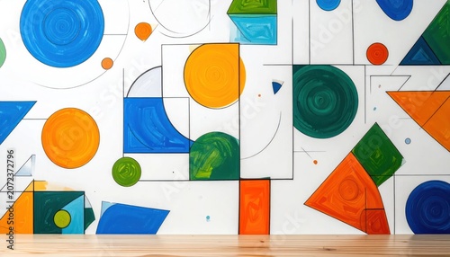 Abstract geometric wall mural with colorful shapes and circles.