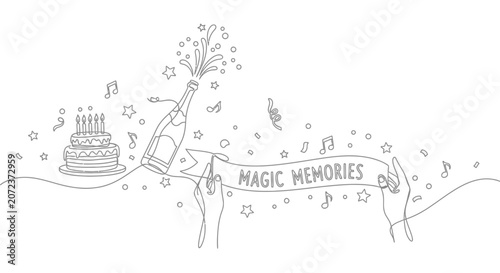 Cuadro en lienzo Hand-drawn celebration banner with champagne, cake, music notes and stars