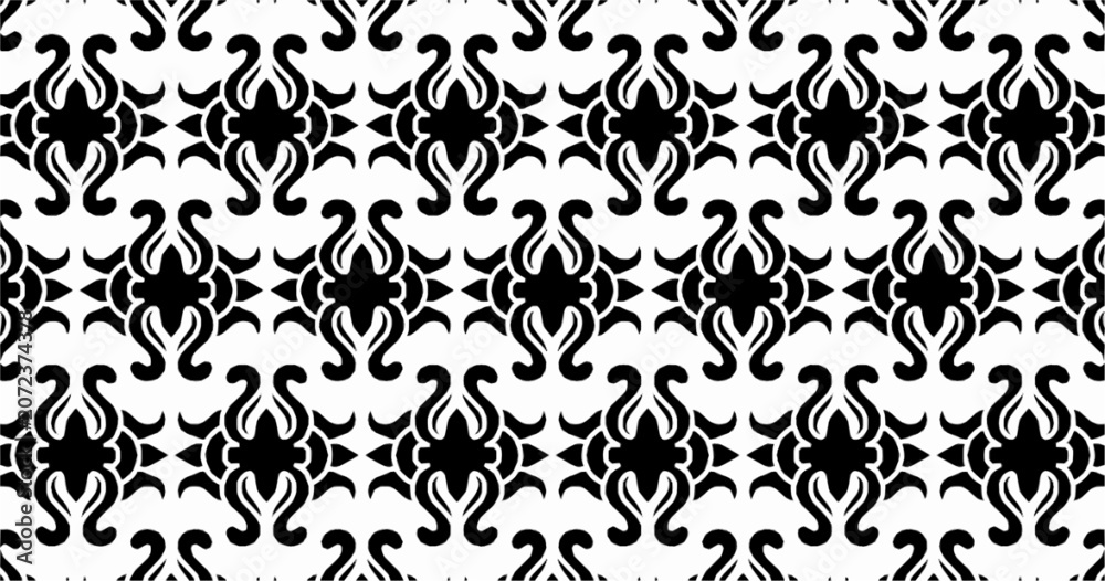 Obraz premium Abstract black and white seamless pattern with symmetrical ornamental motifs. Repeating vector design ideal for wallpaper, textiles, wrapping paper, and decorative surfaces.