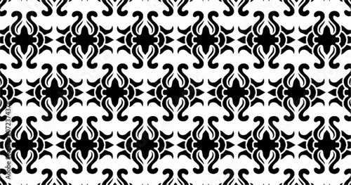 Abstract black and white seamless pattern with symmetrical ornamental motifs. Repeating vector design ideal for wallpaper, textiles, wrapping paper, and decorative surfaces.