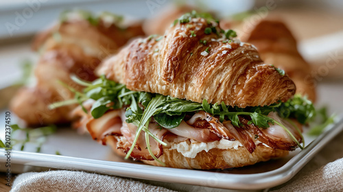 Extreme close-up food photography of a flaky handmade croissant sandwich filled with prosciutto ham, arugula, and cream cheese created with Generative AI Technology, ai, generative