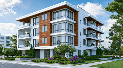 High-resolution architectural 3D rendering of a modern luxury apartment building facade with wood paneling and balconies on a sunny day created with Generative AI Technology, ai, generative