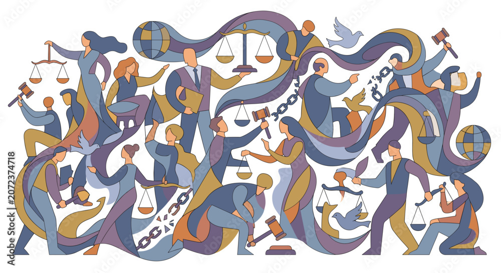 Obraz premium Flat international criminal justice day vector illustration. Diverse legal professionals, judges, and lawyers holding scale, gavel, and globe with flowing ribbons.