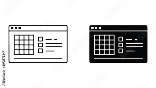 Web browser interface and data grid management icon showing window frame with spreadsheet elements in outline and solid style for web application development and software dashboard design