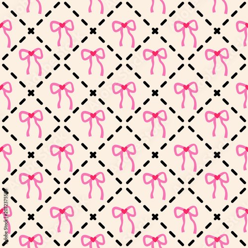 Cute Pink Bow Seamless Pattern with Hand Drawn Geometric Grid Background