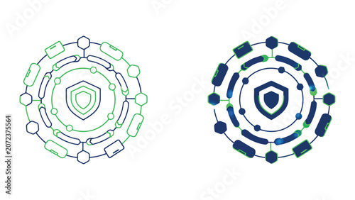 Cybersecurity shield protected by circular network gear nodes and data flow paths for network security and digital infrastructure protection concepts in dual style vector graphics isolated