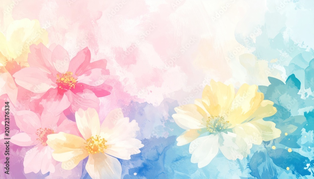 Obraz premium Watercolor floral scene featuring cosmos flowers in pastel hues and a colorful wash background