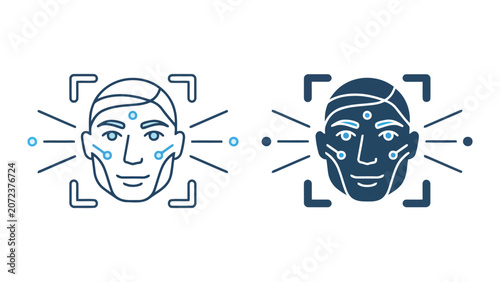 Facial recognition biometric authentication system icon showing human face within targeting frame and digital sensor nodes for advanced identity verification and security technology concepts in vector