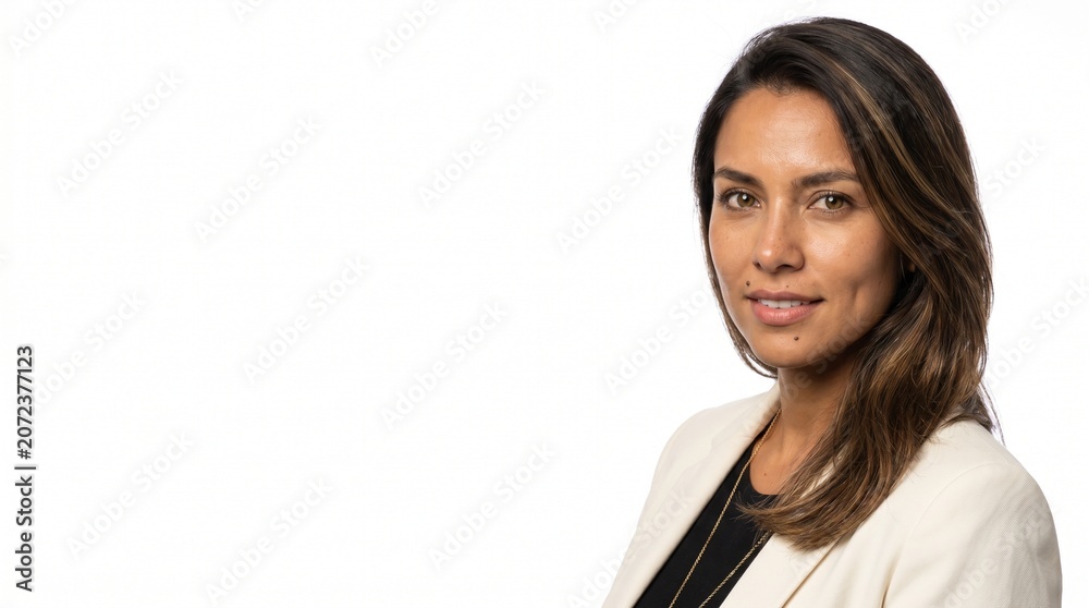 Fototapeta premium Luxury Corporate Portrait of Confident Latina Businesswoman in Cream Blazer Against Clean White Studio Background with Large Copy Space for Advertising Layout