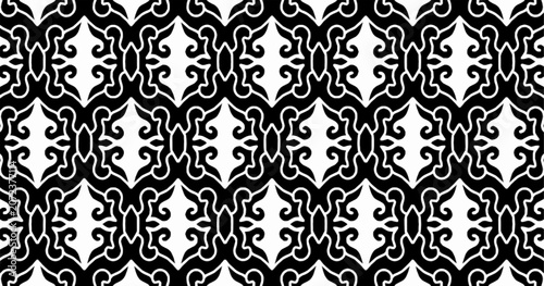 Black and white seamless ornamental pattern with floral geometric elements. Elegant repeating vector background for wallpaper, fabric, packaging, and decorative applications.