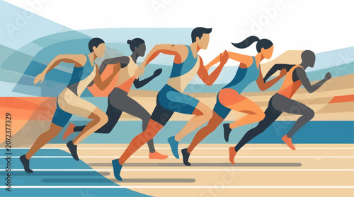 Foto Diverse Runners Compete on Track, Flat Vector Illustration with Dynamic Motion a
