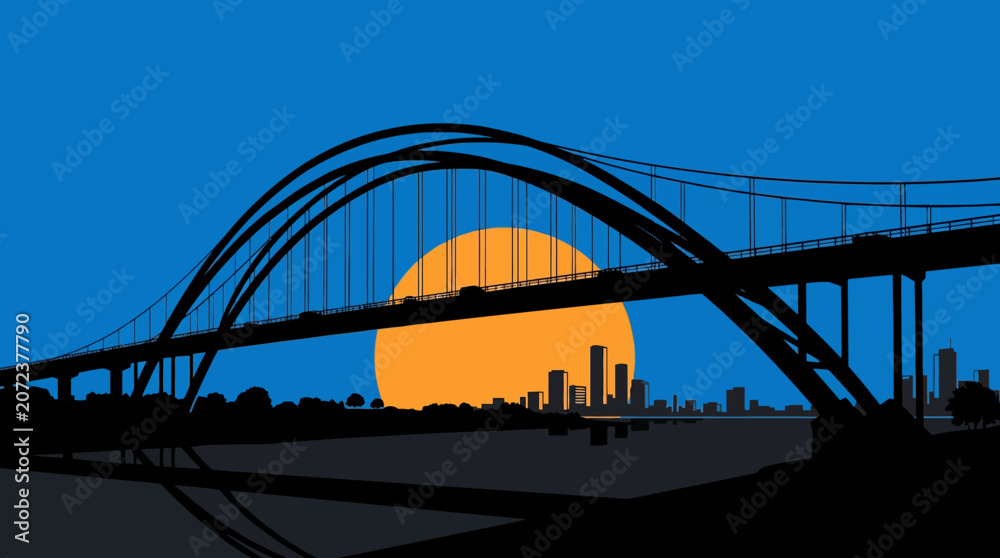 Fototapeta premium Silhouette of a grand arch bridge at sunset.