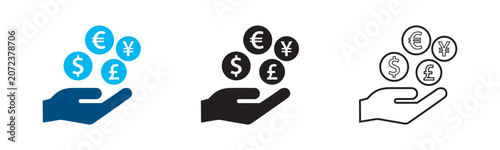 Photos Hand Holding Global Currency Coins Icon Set - Dollar, Euro, Yen, Pound Sterling