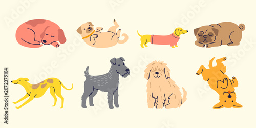 Cute Set of Hand Drawn Dog Breeds Illustrations, Puppy Characters in Various Poses