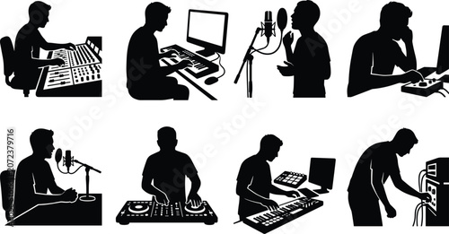 Obraz na płótnie Audio Production and Recording Studio Silhouette Icon Set Featuring Sound Engine