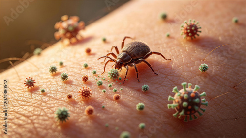 Tick and Virus Invasion: A close-up view reveals a tick crawling on skin, surrounded by various viruses and bacteria, highlighting the microscopic threat of disease transmission.