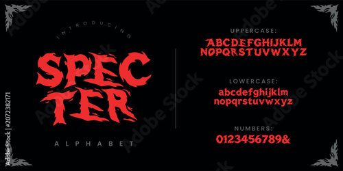 Photography Specter Scary flame fire display font with aggressive jagged horror alphabet