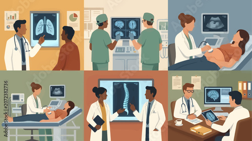 Flat Design Medical Team Consultations: Doctors Review X-rays, Brain Scans, Ultrasounds, and Spine Images, Diverse Professionals Collaborating in Diagnostic Settings