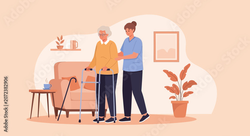 Elderly Woman Assisted by Caregiver with Walker in Cozy Home Interior