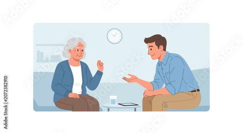 Elderly woman talking to younger man, therapy session, family support, healthcare concept