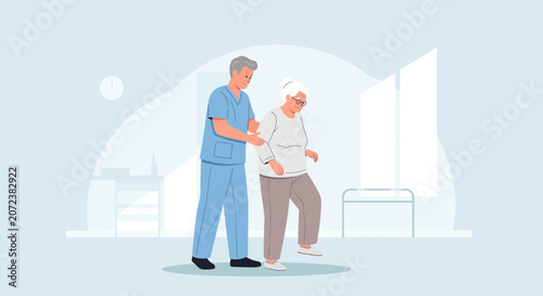 Elderly woman walking with a caregiver, support and assistance