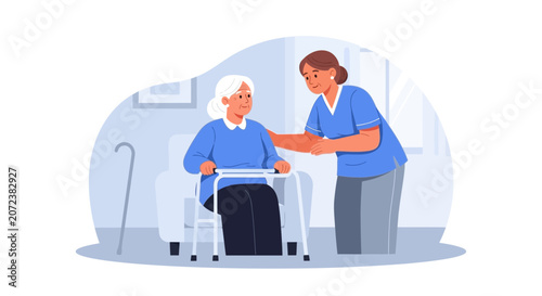 Nurse assisting elderly woman with walker in a care home room
