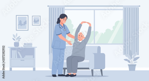 Nurse assisting elderly woman with arm stretches in living room