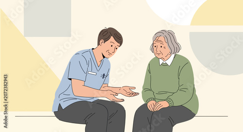 Healthcare worker talking to elderly woman, showing care and empathy