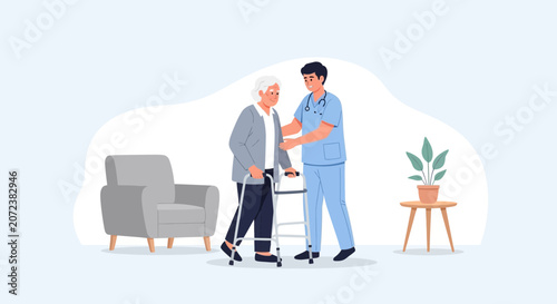 Nurse assisting elderly woman with walker in a modern home setting - medical support