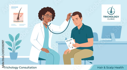 Trichologist Examining Patient's Scalp for Hair Loss Consultation