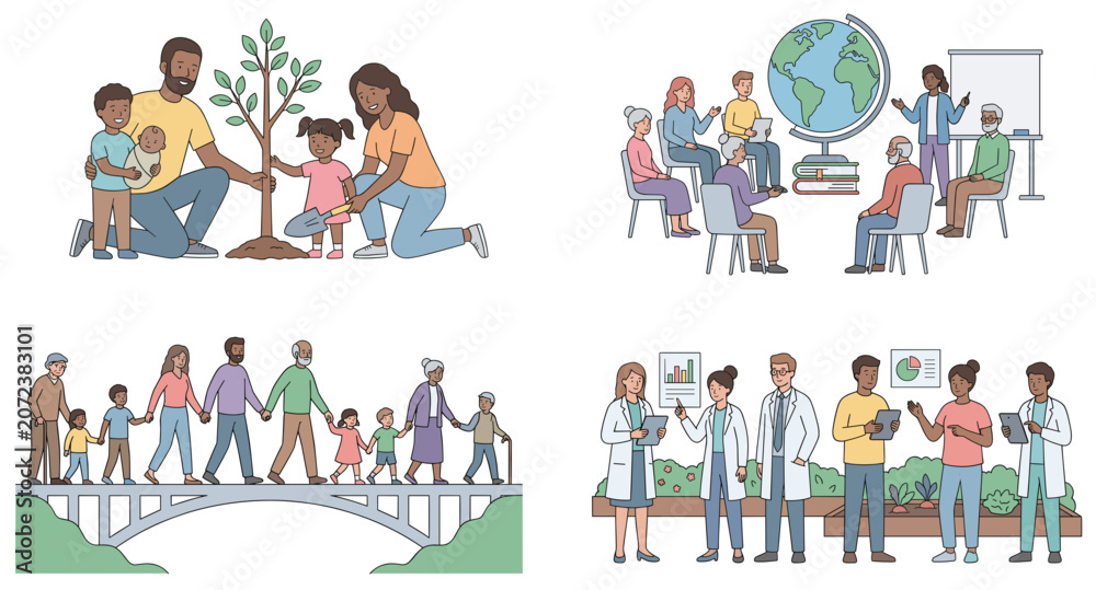 Fototapeta premium World population day vector illustration set. Diverse community planting tree, global education meeting, generation family on bridge and medical doctor teamwork.