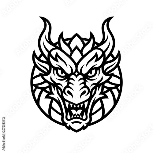 Ferocious Dragon Head Emblem, Mythical Creature, Fierce Mascot, Black and White