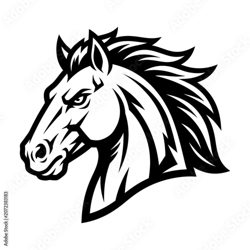 Aggressive Horse Head Silhouette, Black and White Vector Art