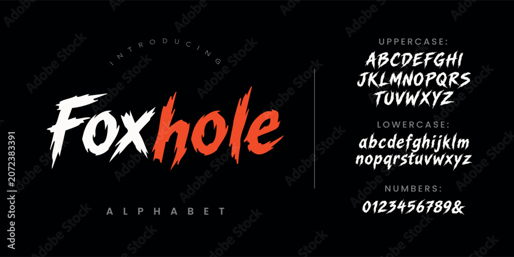 Obraz premium Foxhole Spiky brush painted font with fierce distressed strokes for extreme sports and heavy metal