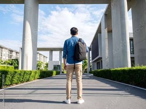 Back View of Man with Backpack Walking Towards Modern Concrete Building Campus on Sunny Day