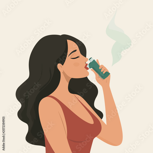 Woman Using Inhaler for Breathing Relief