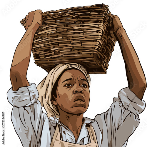 Young African woman balancing woven basket on head