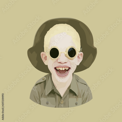 Young boy with albinism wearing sunglasses and hat smiling