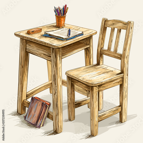 Wooden school desk and chair with study supplies
