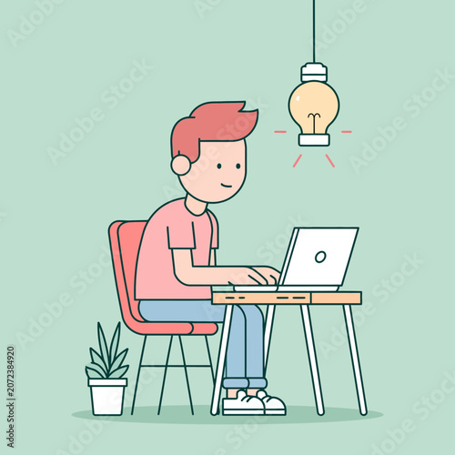 Young man with idea lightbulb typing on laptop at desk