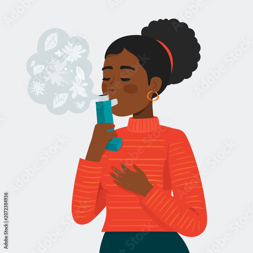 Young woman using an inhaler for asthma relief