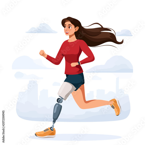 Young woman with prosthetic leg running outdoors with determination